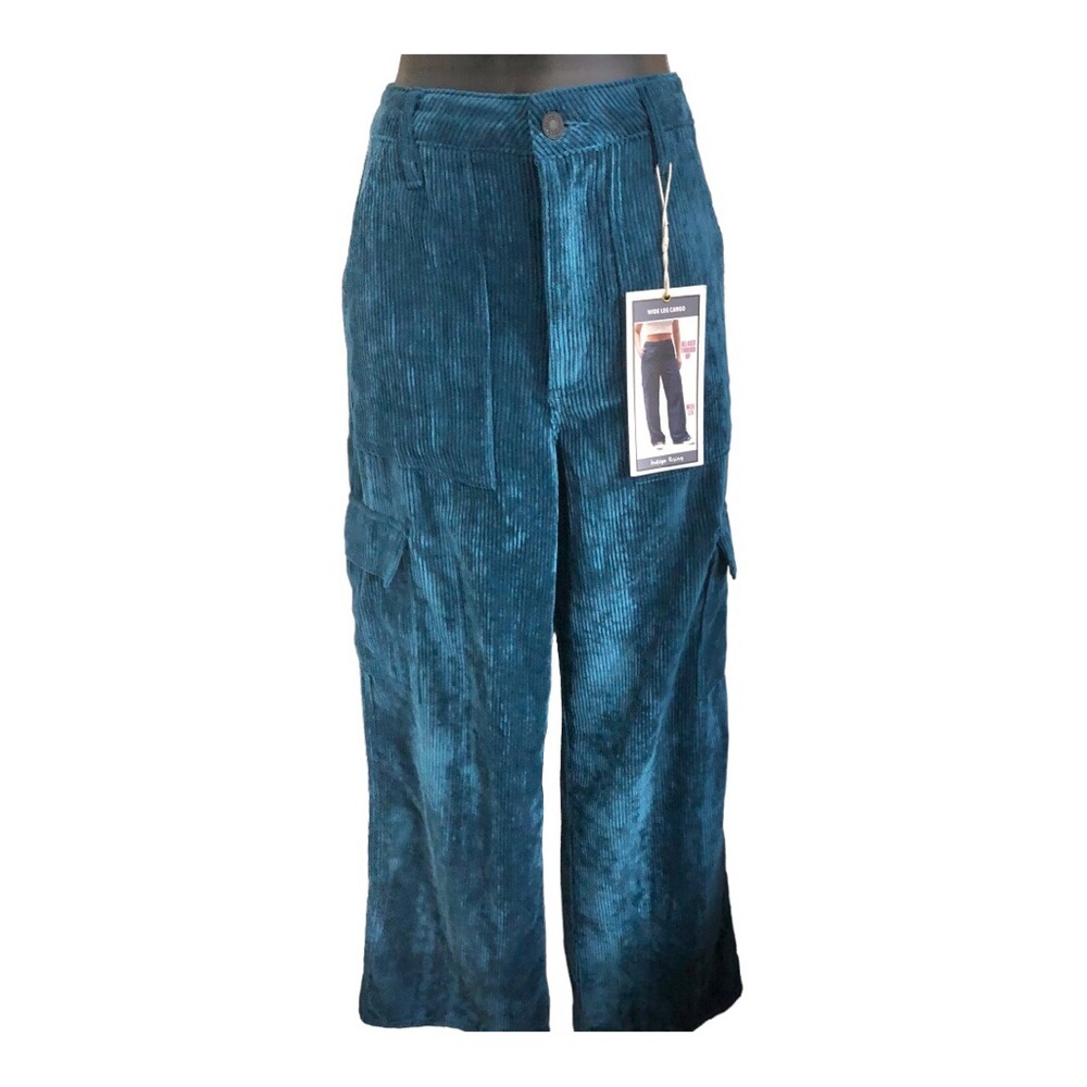 Teal green soft corduroy relaxed fit wide leg cargo pants size‎ 3/26 new
